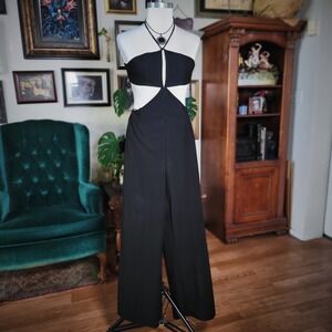 Bebe Jumpsuit Black Halter‎ Neck Cutout Wide Leg Sleek Daring 0